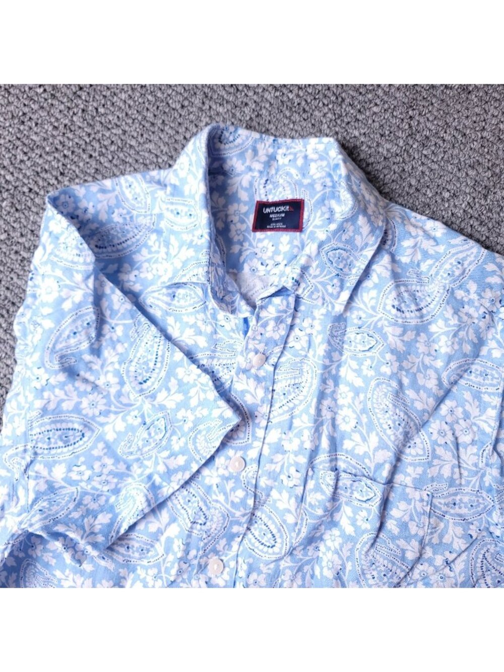 UNTUCKit Turner Linen Shirt Mens M Medium Slim Blue Button Short Sleeve Floral